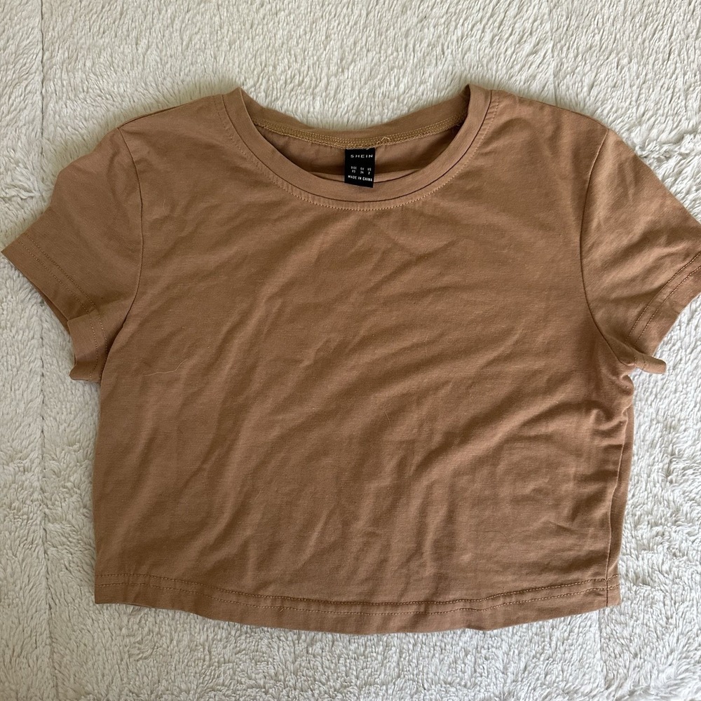 SHEIN Cropped Brown Tee Short Sleeve Crew Neck Basic T-Shirt Size XS